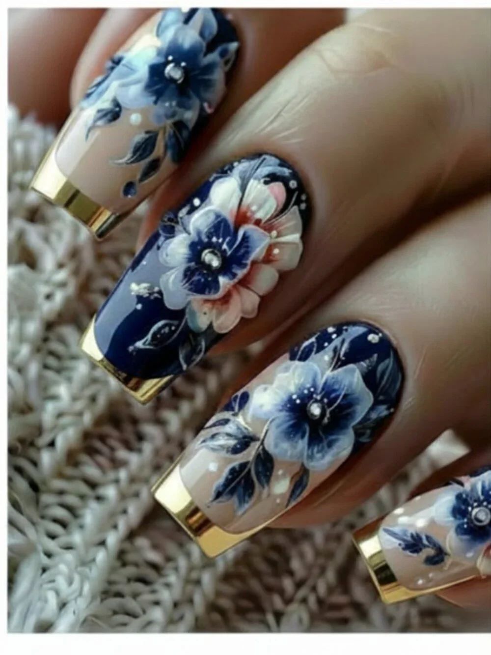 NWT 24pc Blue Floral Porcelain Press On Nails Baroque Gold Jewel French Tips